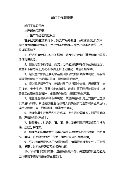部门工作职责表