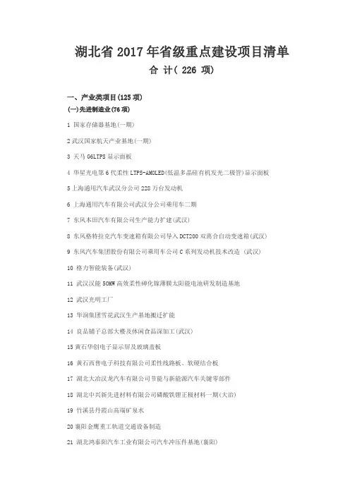 湖北省2017年省级重点建设项目清单【226项】