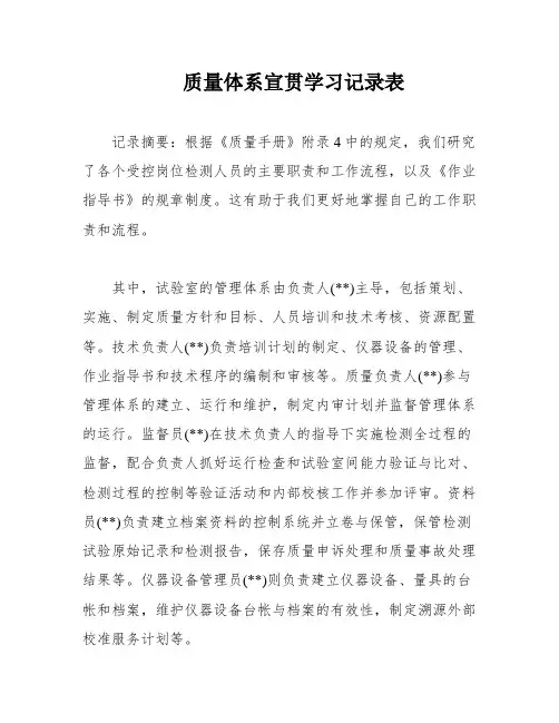 质量体系宣贯学习记录表