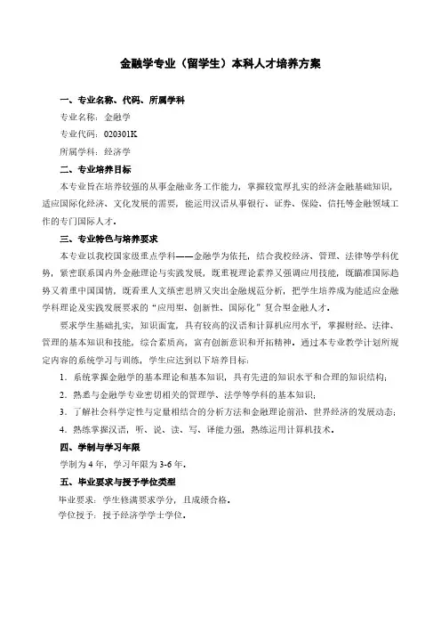 金融学专业留学生本科人才培养方案