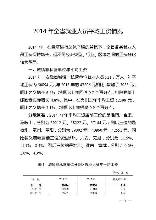 2014年安徽省就业人员平均工资情况