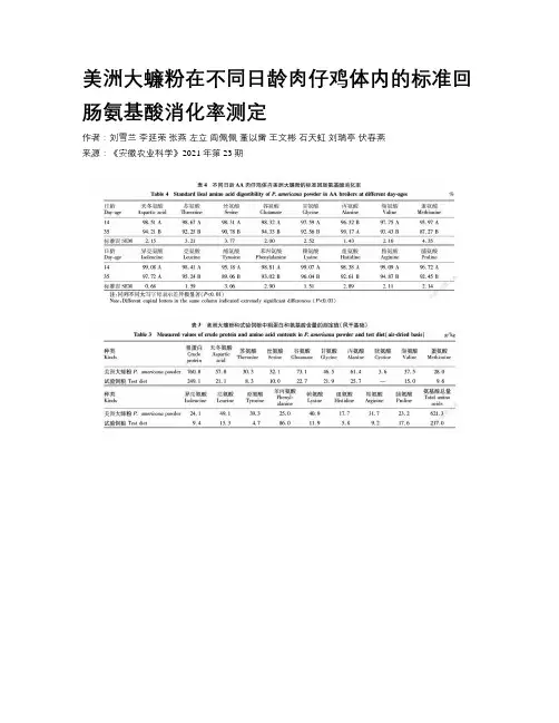 美洲大蠊粉在不同日龄肉仔鸡体内的标准回肠氨基酸消化率测定