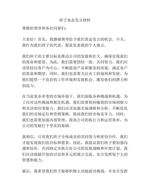 班子表态发言材料