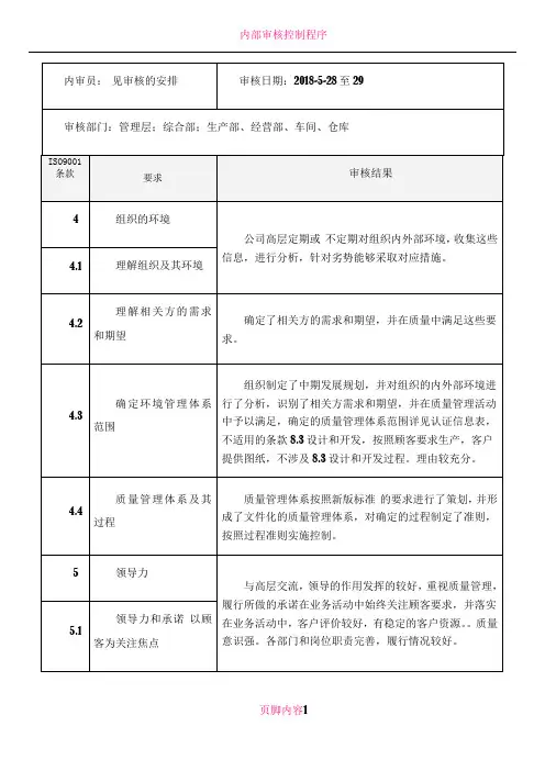 ISO9001-2015内部审核检查表及审核记录模版