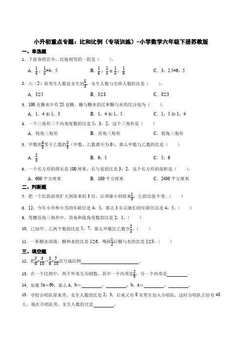 小升初重点专题比和比例(易错专项)-小学数学六年级下册