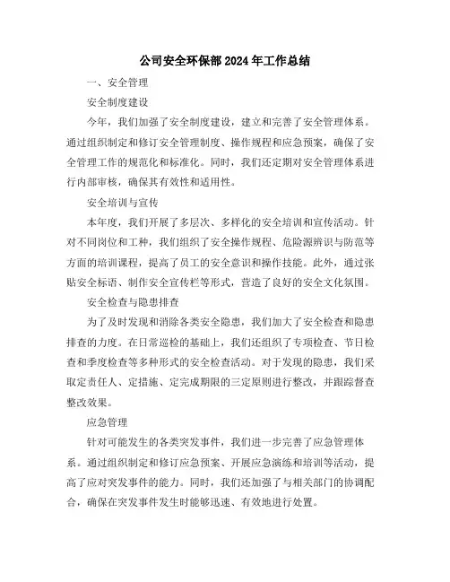 公司安全环保部2024年工作总结