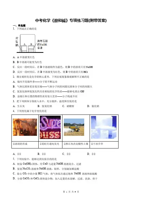 中考化学《酸和碱》专项练习题(附带答案)
