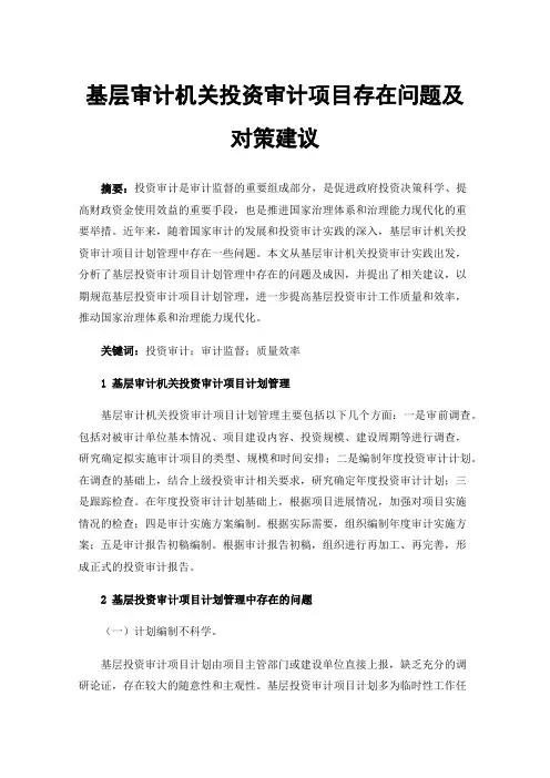 基层审计机关投资审计项目存在问题及对策建议