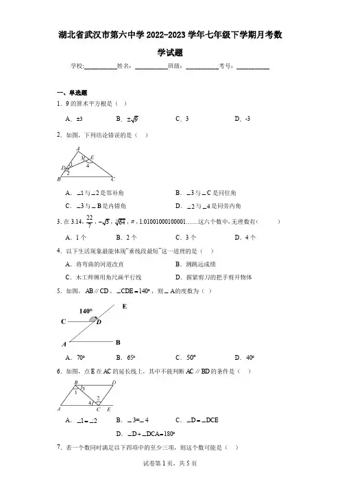 湖北省武汉市第六中学2022-2023学年七年级下学期月考数学试题