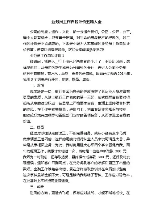 业务员工作自我评价五篇大全