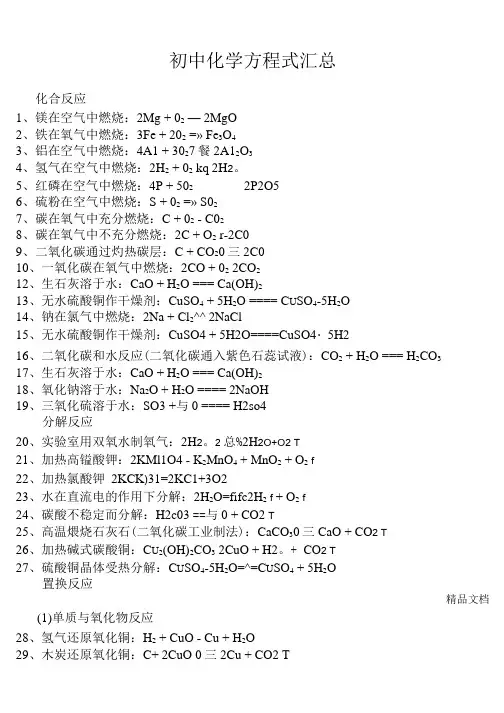 初中化学方程式汇总及物质溶解性表