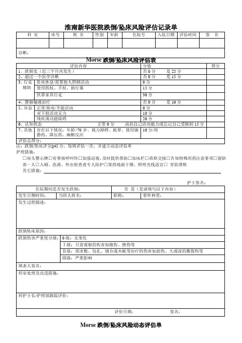 医院跌倒坠床风险评估记录单