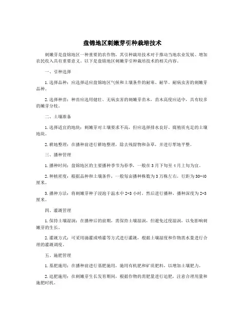 盘锦地区刺嫩芽引种栽培技术