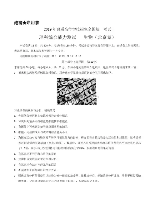 2019年北京卷理科综合生物高考试题文档版(含答案)