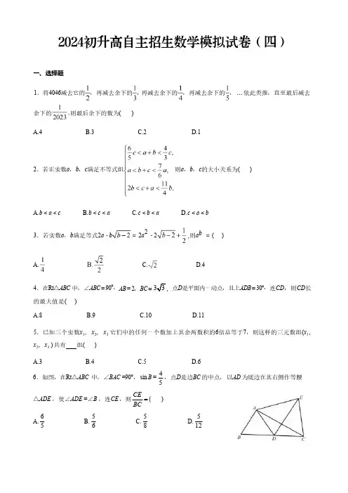 2024初升高自主招生数学试卷(四)及参考答案
