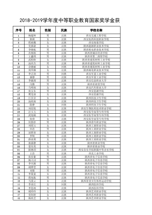 27陕西 2018—2019学年度中等职业教育国家奖学金获奖学生名单