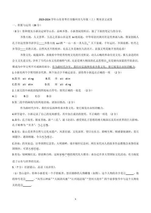 山东省枣庄市滕州市2023-2024学年九年级上学期期末考试语文试卷(含答案)