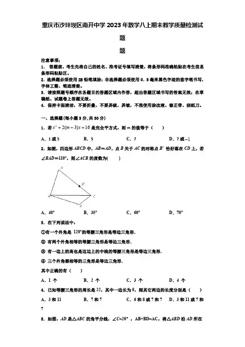 重庆市沙坪坝区南开中学2023年数学八上期末教学质量检测试题【含解析】