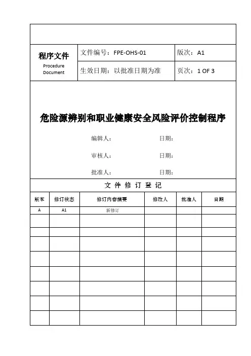 ISO45001-2018最新版FPE-OHS-01 危险源辨别和职业健康安全风险评价控制程序