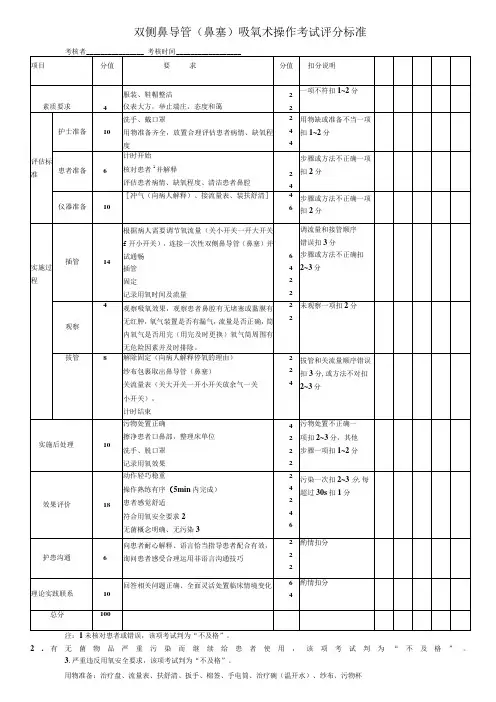 双侧鼻导管鼻塞吸氧术操作考试评分标准