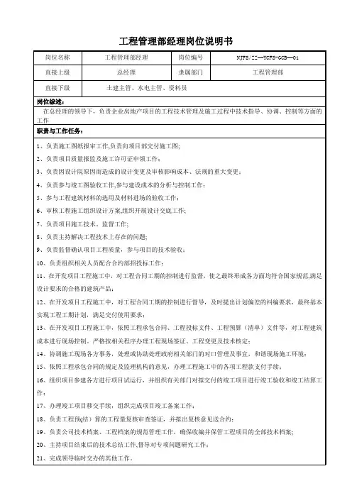 房地产公司——工程管理部岗位说明书