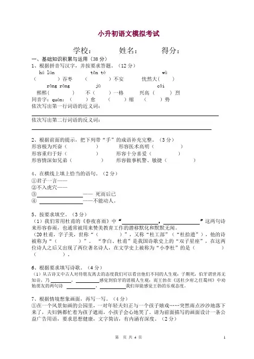 2019年小升初语文模拟题(含答案)