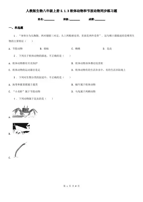 人教版生物八年级上册5.1.3软体动物和节肢动物同步练习题