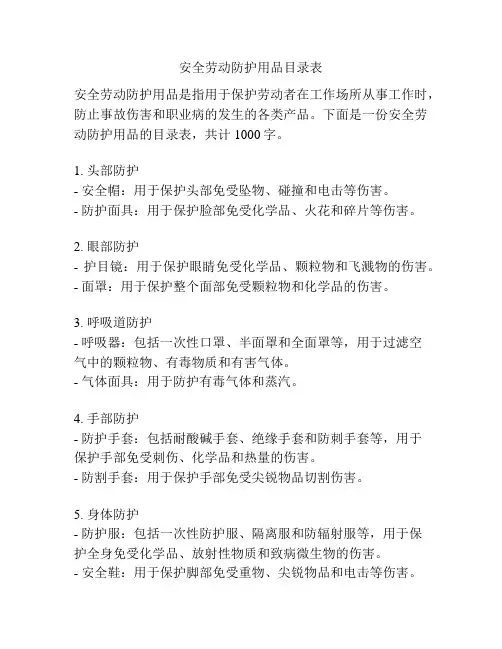 安全劳动防护用品目录表