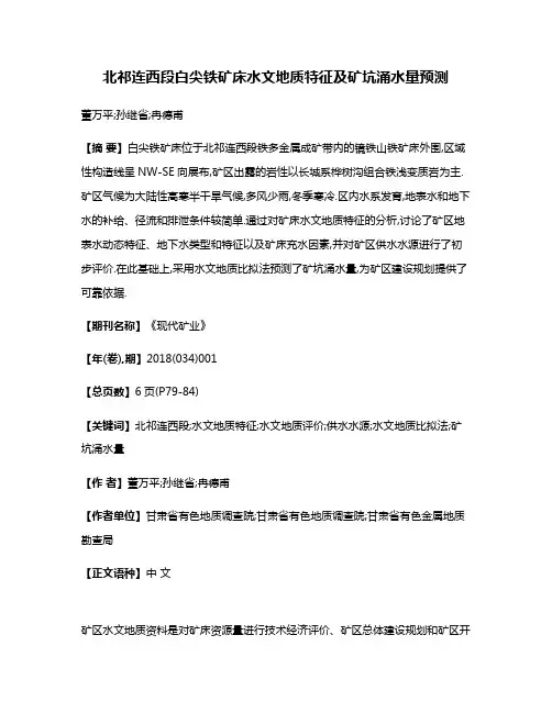 北祁连西段白尖铁矿床水文地质特征及矿坑涌水量预测
