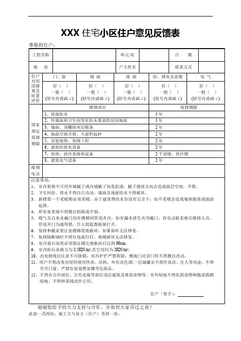 XXX住宅小区住户意见反馈表