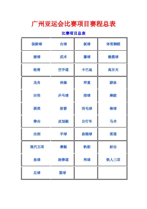 广州亚运会比赛项目赛程总表+项目指南