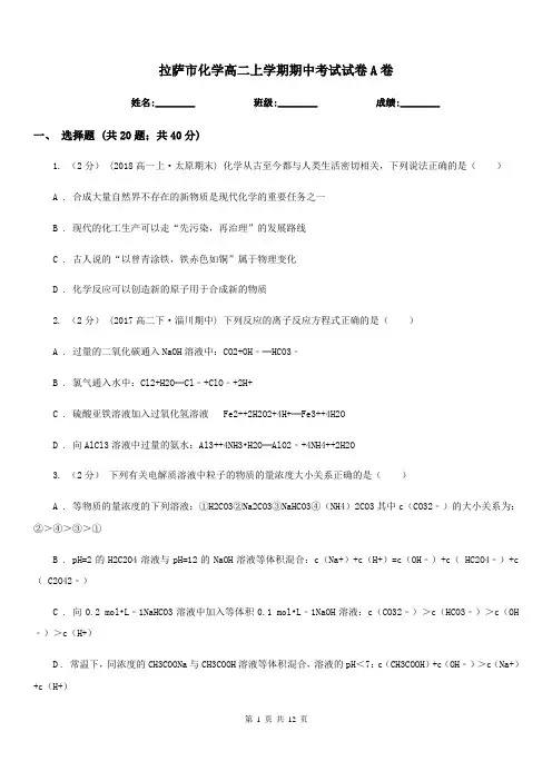 拉萨市化学高二上学期期中考试试卷A卷(模拟)