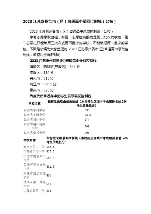 2023江苏泰州各市（区）普通高中录取控制线（公布）