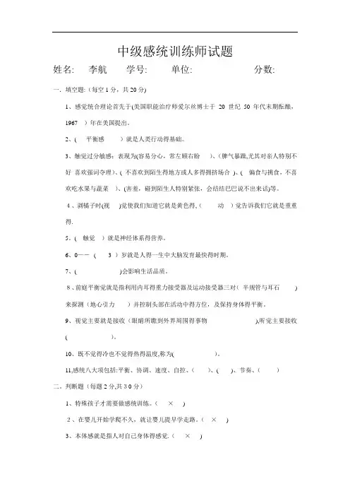 感觉统合中级试题