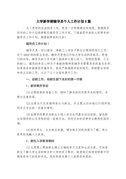 大学新学期辅导员个人工作计划5篇