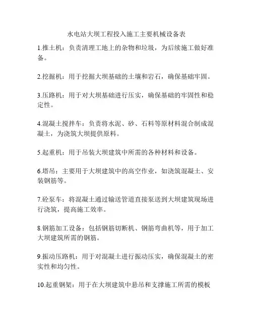 水电站大坝工程投入施工主要机械设备表