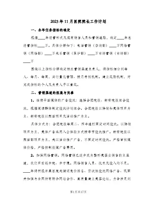 2023年11月医院院长工作计划(2篇)