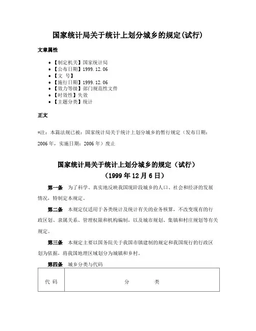 国家统计局关于统计上划分城乡的规定(试行)
