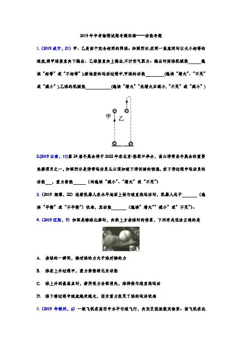 2019年中考物理试题专题训练——动能专题(word版含答案)