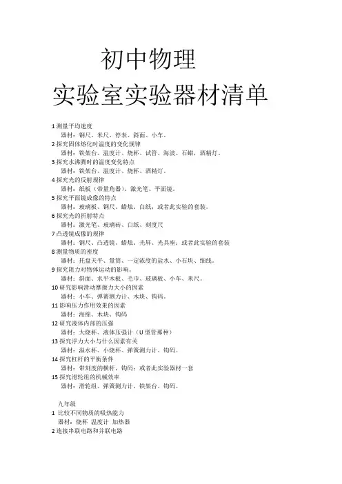 初中物理实验室实验器材清单