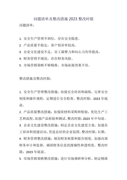 问题清单及整改措施2023整改时限