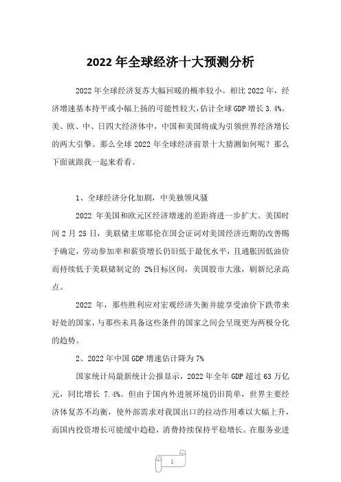 2023年全球经济十大预测分析