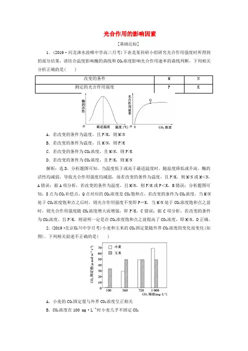 人教通用版2020版高考生物新探究大一轮复习第11讲光合作用的影响因素检测含解析