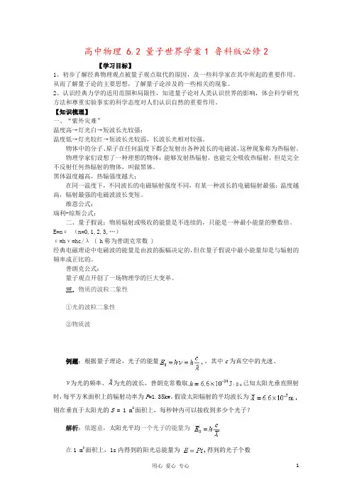 高中物理 6.2 量子世界学案1 鲁科版必修2