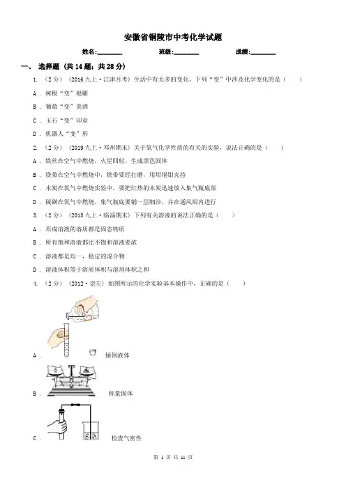 安徽省铜陵市中考化学试题