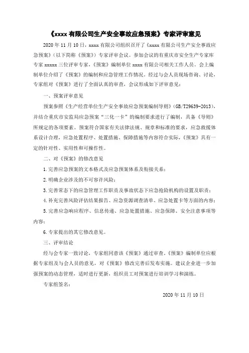 生产安全事故综合应急预案——专家评审意见