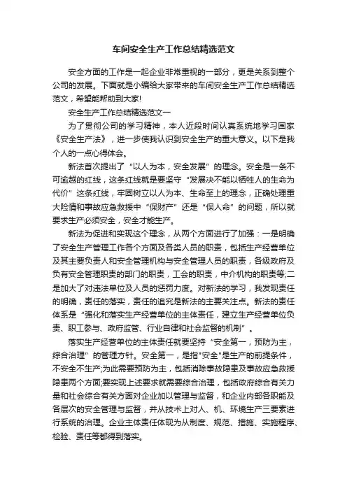 车间安全生产工作总结精选范文