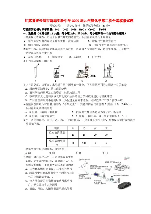 江苏省连云港市新海实验中学2020届九年级化学第二次全真模拟试题(无答案)