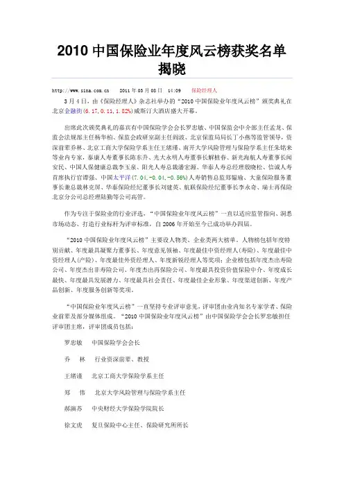 2010中国保险业年度风云榜获奖名单揭晓