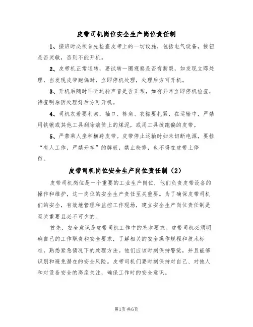 皮带司机岗位安全生产岗位责任制（5篇）